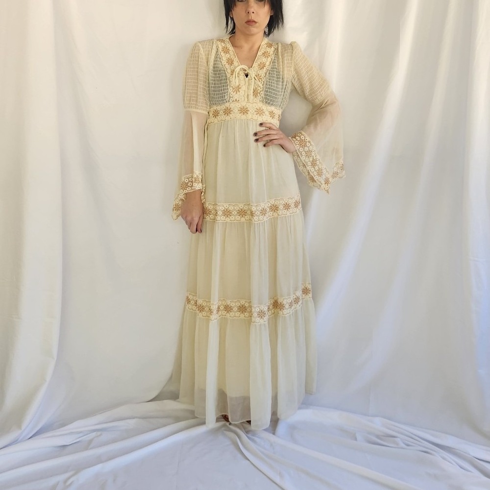 70s Cream Bell Sleeve Prairie Dress - Picture 2 of 6